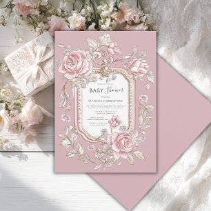 Rosa Rosen Florale Vintage-Baby-Party Einladung