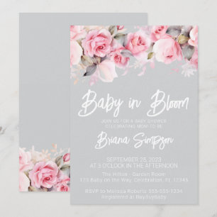 Rosa Rosen Florales Graues Mädchen-Baby-Party Einladung