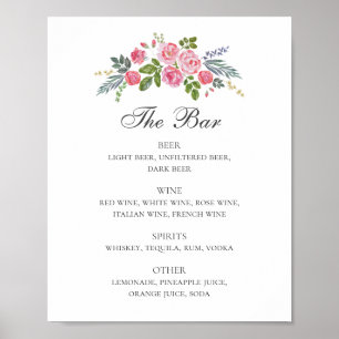 Rosa Rosen. Florales Hochzeitsgetränkegarten-Menü Poster