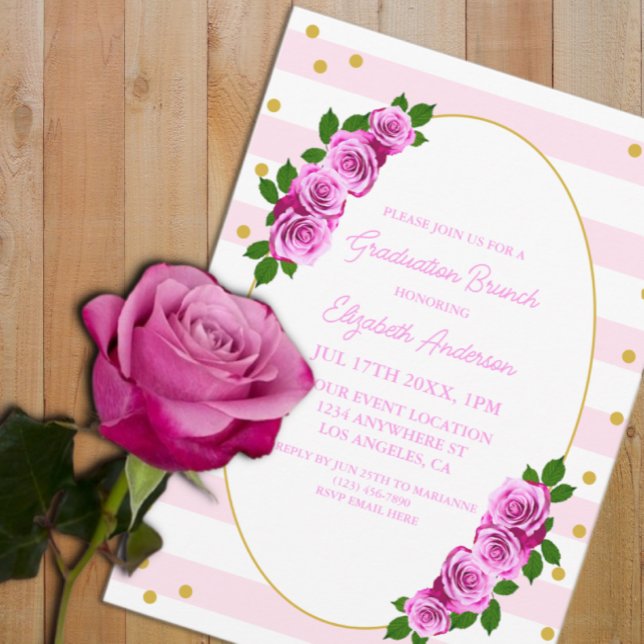 Rosa Rosen gestreifter Abschlussbrunch Einladung (Von Creator hochgeladen)
