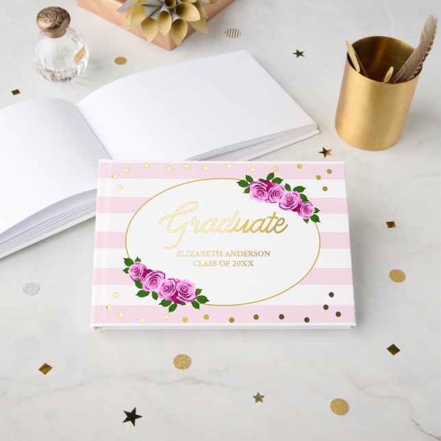 Rosa Rosen gestreifter Abschlussbrunch Gästebuch (Vorderseite Offen)