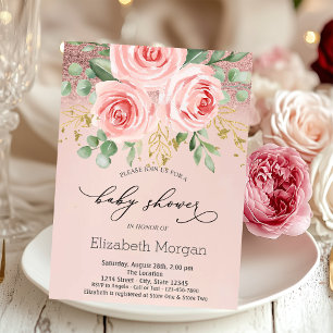 Rosa Rosen, Glitter-Bokeh-Baby-Party  Einladung