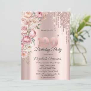 Rosa Rosen Glitter Tropfen Rosen Gold 100. Geburts Einladung