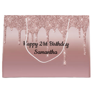 Rosa Rosen Gold Glitter-Tropf personalisiert Große Geschenktüte