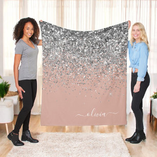 Rosa Rosen-Gold-Silber-Glitter-Monogramm Fleecedecke