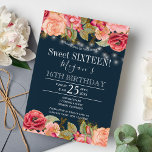 Rosa Rosen goldene Streichellichter marineblaue sü Einladung<br><div class="desc">Luxuriöse elegante Vintag romantische 16 . Geburtstag Party Einladung Vorlage mit rot-rosa und pfirsichfarbenen Rose und Blüten Rahmen und golden rustikalen Saiten oder Tinkle Lichter auf einem Mitternacht blauen Kalkboard Hintergrund. — Die Einladung ist geeignet für Frühlings- oder Sommernacht,  rustikale oder Gartenlaube Partys im Freien.</div>