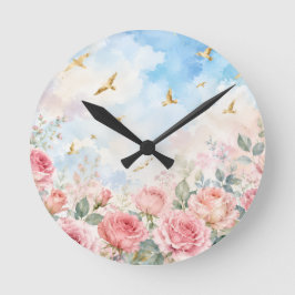 Rosa Rosen & Goldene Vögel Aquarell-Blumen  Runde Wanduhr