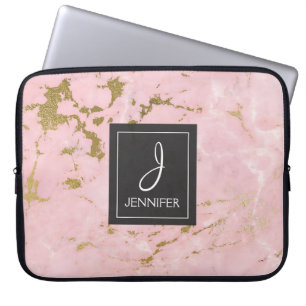 Rosa Rosen-Goldmarmor-elegantes Monogramm Laptopschutzhülle