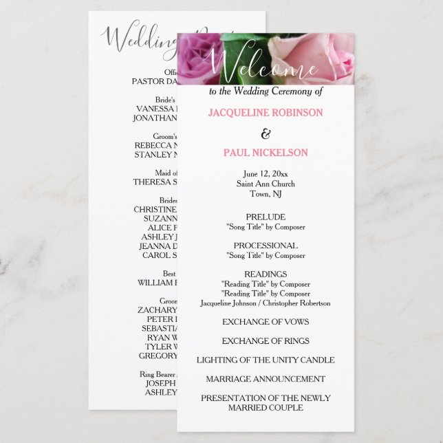 Rosa Rosen Hochzeitsprogramm Programm (Vorne/Hinten)