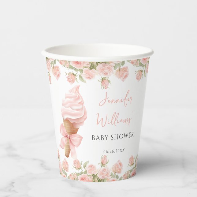 Rosa Rosen Ice Cream Bow Summer Baby Dusche Pappbecher (Vorderseite)