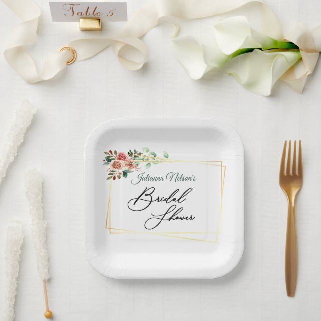 Rosa Rosen in vergoldeten Tellern Pappteller (Hochzeit)