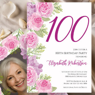 Rosa Rosen individuelles Foto-Template 100. Geburt Einladung