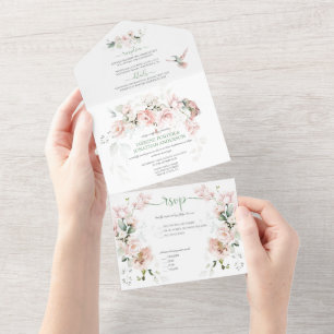 Rosa Rosen Kolibris Grüner Salbei Hochzeit All In One Einladung