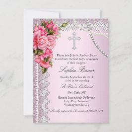 Rosa Rosen Kreuz Heilige Kommunion oder Taufe Einladung