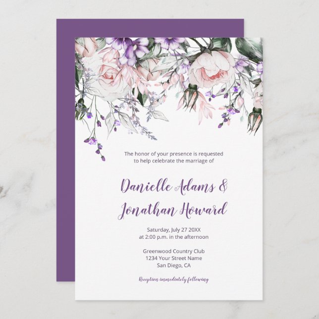 Rosa Rosen Lila Wildblumen Hochzeit Einladung (Vorne/Hinten)