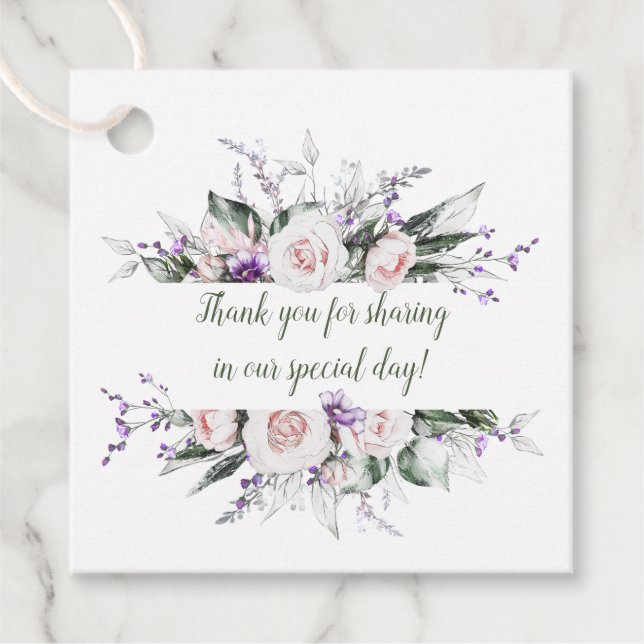 Rosa Rosen Lila Wildblumen Rahmen Hochzeit Geschenkanhänger (Vorderseite)