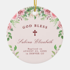 Rosa Rosen Mädchen Taufe Foto personalisiert Keramik Ornament