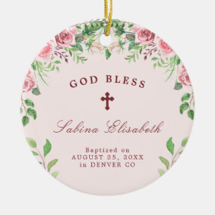 Rosa Rosen Mädchen Taufe Foto personalisiert Keramik Ornament