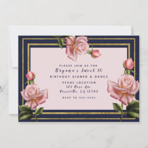 Rosa Rosen Marineblau & Gold Moderne Sweet 16 Part Einladung