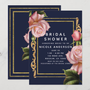 Rosa Rosen Marineblau und Gold Moderne Hochzeitdus Einladung