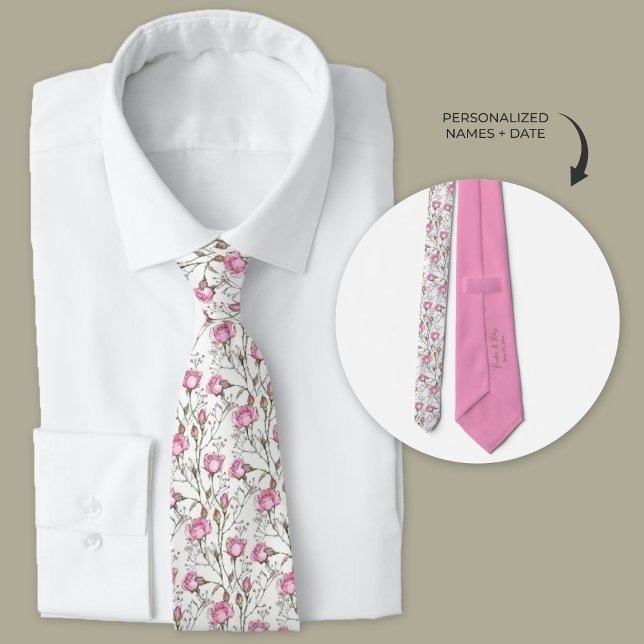 Rosa Rosen mit Babies Atem Hochzeit Neck Tie Krawatte (Wedding necktie for groom and groomsmen. White tie with cute pink roses and babies breath.)