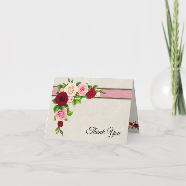 Rosa Rosen mit goldener Hochzeit Dankeskarte (Vorderseite)