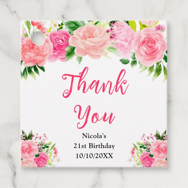 Rosa Rosen mit Laub Geburtstag Geschenkanhänger (Vorderseite)