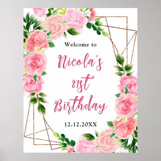 Rosa Rosen mit Laub Geburtstagsbegrüßung Poster (Vorne)