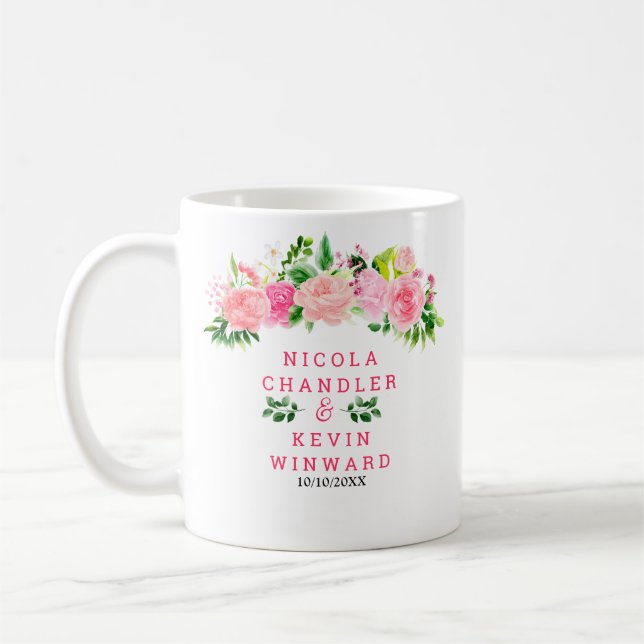 Rosa Rosen mit Laub Hochzeit Kaffeetasse (Links)