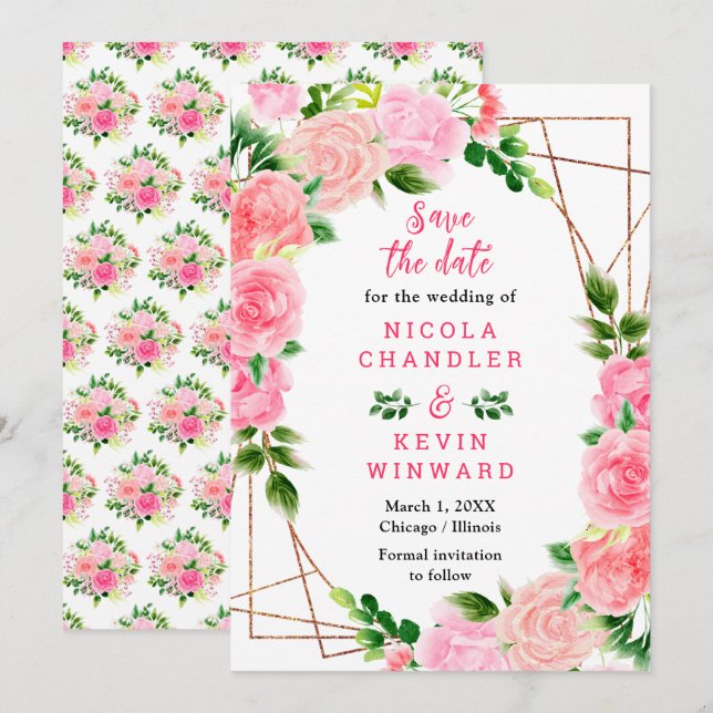 Rosa Rosen mit Laub Hochzeit Save The Date (Vorne/Hinten)