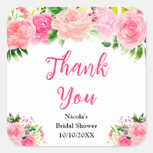 Rosa Rosen mit Laub Hochzeitsdusche Danke Quadratischer Aufkleber