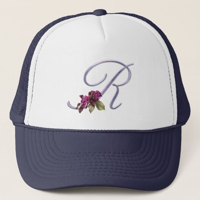 Rosa Rosen-Monogramm R Truckerkappe (Vorderseite)