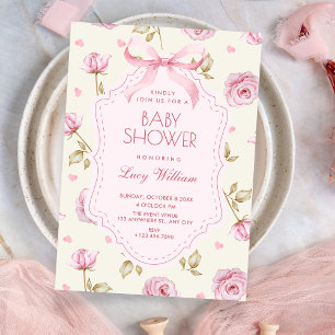 Rosa Rosen Muster Schleife Baby-Party Einladung