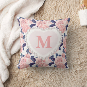 Rosa Rosen Navy Blau Florale Perlen Herz Monogramm Kissen