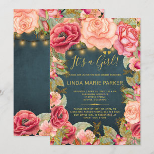 Rosa Rosen Navy Gold Lichter Baby Mädchen Shower Einladung