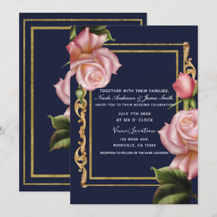 Rosa Rosen Navyblau & Gold Moderne Hochzeit Einladung