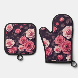 Rosa Rosen Ofenhandschuh & Topflappen-Set