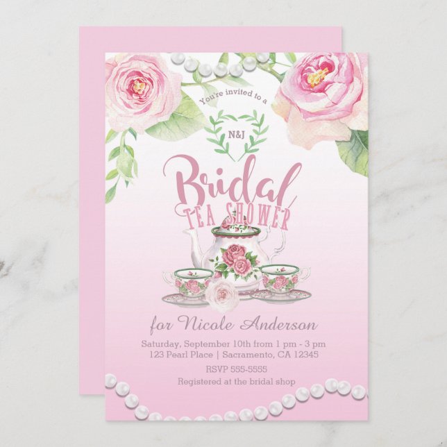 Rosa Rosen & Perlen Elegantes Brauchtum Dusche/WC Einladung (Vorne/Hinten)