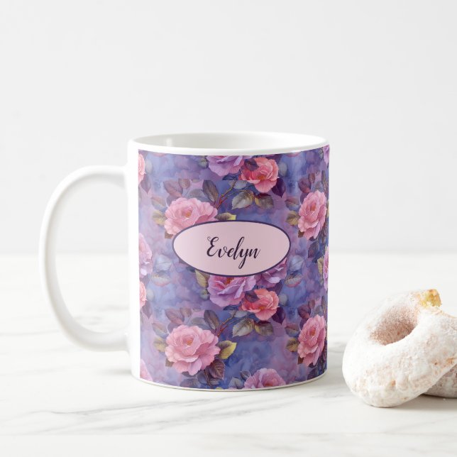 Rosa Rosen Personalisierter Kaffee Tasse (Mit Donut)