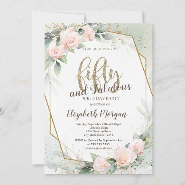 Rosa Rosen Rahmen Confetti Green 50. Geburtstag Einladung (Vorderseite)