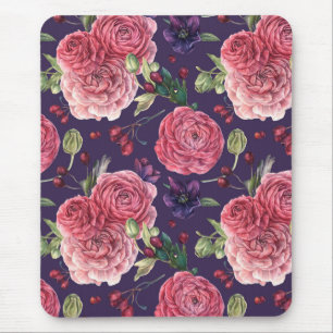 Rosa Rosen Romantisch auf Lila Muster Mousepad