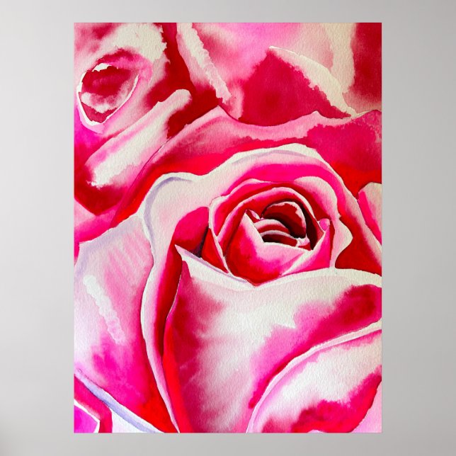 Rosa Rosen romantische Aquarellkunst Poster (Vorne)