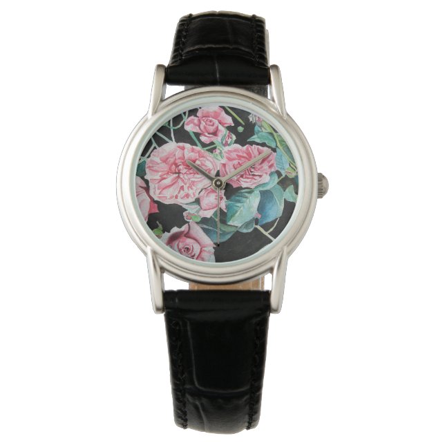 Rosa Rosen Rose Blumenbeete Blume Aquarell Armbanduhr (Vorderseite)