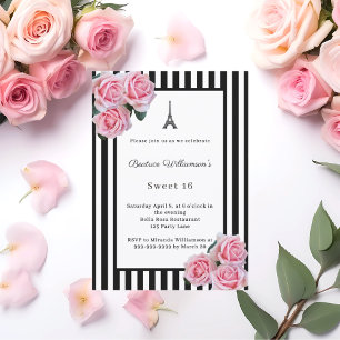 Rosa Rosen schwarz weiße Streifen Paris Sweet 16 Einladung