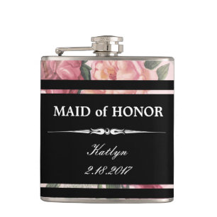 Rosa Rosen-schwarze Trauzeugin-Hochzeits-Flasche Flachmann