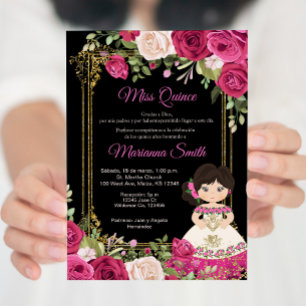 Rosa Rosen & schwarzer Hintergrund Quinceanera   Einladung