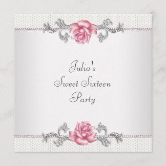 Rosa Rosen Silver Pink 16 . Geburtstag Party Einladung