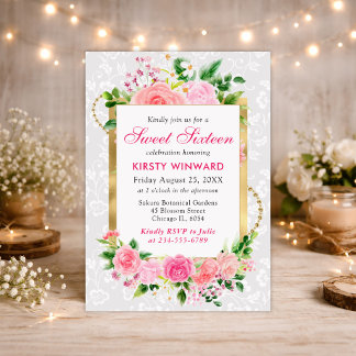 Rosa Rosen Sommerblumen Goldfolie Sweet 16 Einladung