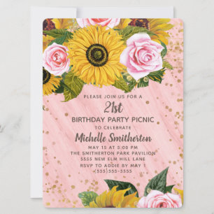 Rosa Rosen Sonnenblumen Gold Glitzer 21. Geburtsta Einladung