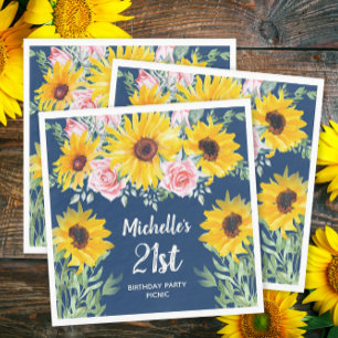 Rosa Rosen Sonnenblumen Marineblau 21. Geburtstag Serviette